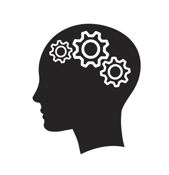 ilustraciones, imágenes clip art, dibujos animados e iconos de stock de cabeza humana con icono de engranajes para diseño gráfico y web. concepto de negocio de generación de ideas. - brain concentration mental illness intelligence