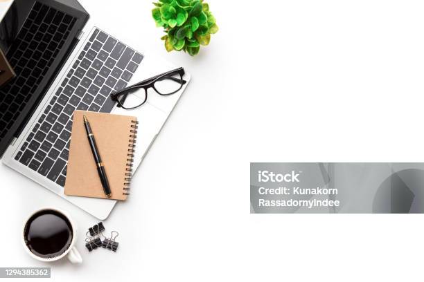 Flat Lay Top View Office Table Desk Stock Photo - Download Image Now - Desk, Office, Laptop