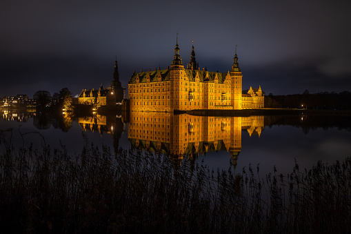 Frederiksborg Castle in Hillerod, Denmark at night