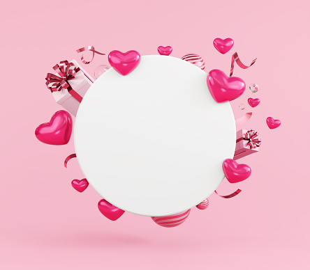Happy valentines day concept card mockup template heart shaped decoration and gift box on pink background, heart sale, promotion, 3d rendering.