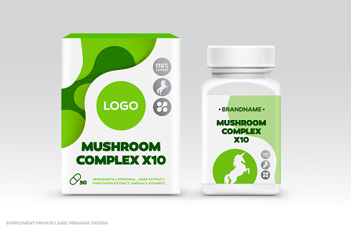 Supplement Food Package Design Template. Private Label Healthy Food Package Design Mockup. Box and Bottle Jar Sticker Mushroom Complex Organic Healthy Supplement Package Design.