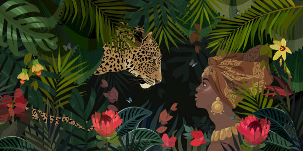 vektor-illustration mit einem mädchen und einem leoparden im dschungel. - women hawaii islands beach beauty in nature stock-grafiken, -clipart, -cartoons und -symbole