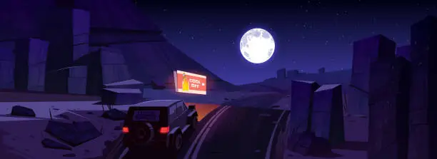 Vector illustration of Night desert with car on road and billboard