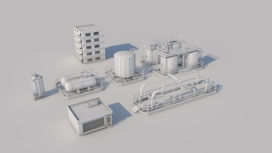 3d rendering of the territory of the factory, monochrome elements isolated on white background. Factory bilers and chemical barrels, production area.