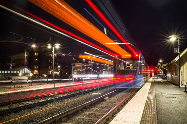 Stockholm, Sweden Light streaks from a moving tram at the Brevik station in the Lidingo suburb