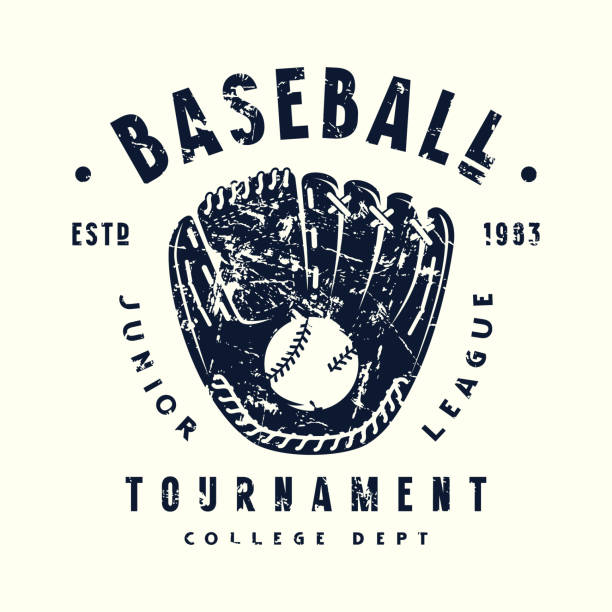 Emblem of baseball tournament with a picture of glove Emblem of baseball tournament with a picture of glove. Graphic design with vintage texture for t-shirt. Black print on white background baseball glove stock illustrations