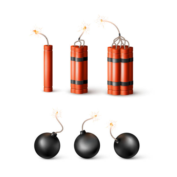 istock Set of Dynamite Bomb with Burning Wick and black sphere bomb. Military Detonate Weapon. Vector illustration 1294396449