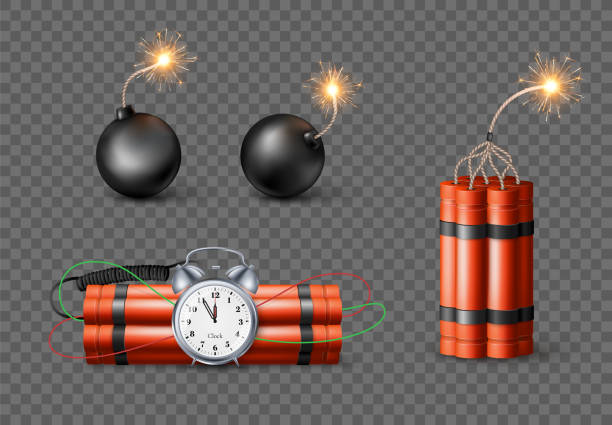 istock set of Dynamite Bomb with Burning Wick and black sphere bomb. Military Detonate Red Weapon. Vector illustration 1294396459