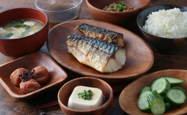 Grilled mackerel set meal and healthy Japanese food stock photo