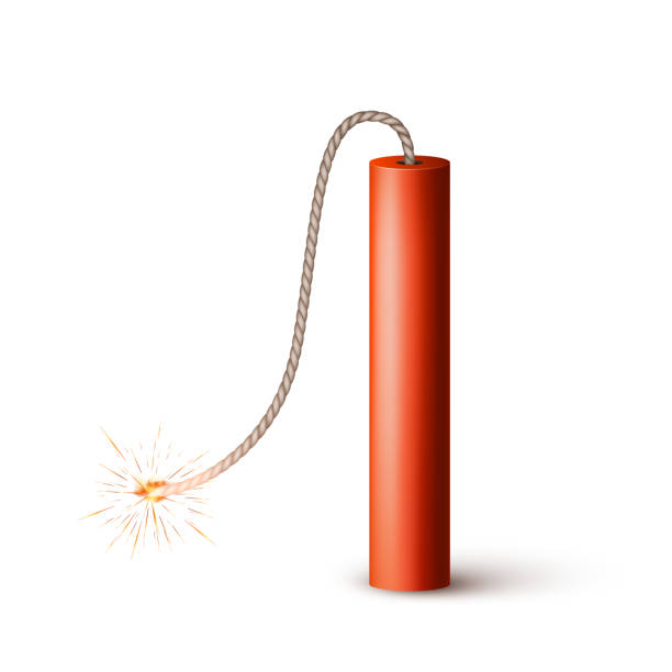 Dynamite Bomb with Burning Wick. Military Detonate Red Weapon. Vector illustration isolated on white Dynamite Bomb with Burning Wick. Military Detonate Red Weapon. Vector illustration isolated on white Dynamite stock illustrations