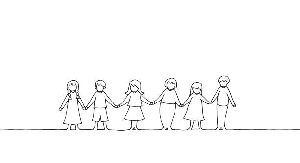 Children holding hands drawing images hand drawing kids holding hands stock illustrations