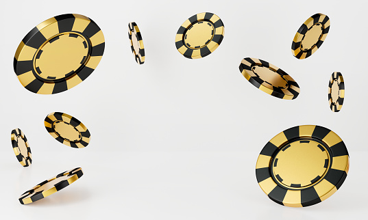 Representación 3D de fichas de casino que caen aisladas sobre el fondo blanco abstracto. Juego de casino negro y dorado. Concepto de apuesta de lujo. photo