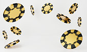 istock 3D rendering of casino chips falling isolated on white background abstract. Black and golden casino game. Luxury gamble concept. 1294398600