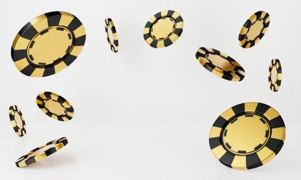 Photo of 3D rendering of casino chips falling isolated on white background abstract. Black and golden casino game. Luxury gamble concept.