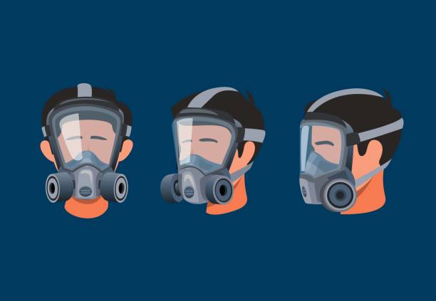 フルフェイスの呼吸マスクを着用した男性。ガスやほこり汚染シンボルアイコンセットの概念のための保護装置漫画のイラストレーションベクトル - gas mask mask nobody protection点のイラスト素材／クリップアート素材／マンガ素材／アイコン素材