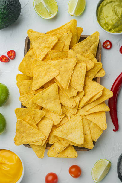 istock Mexican nachos with sauce, on white background, top view or flat lay 1294400012