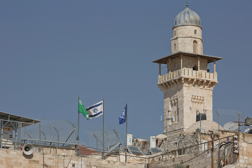 Jerusalem, Israel - October 23, 2017: Tower at the Western 'Wailing' Wall of Ancient Temple in Jerusalem. The Wall is the most sacred place for all jews in the world.