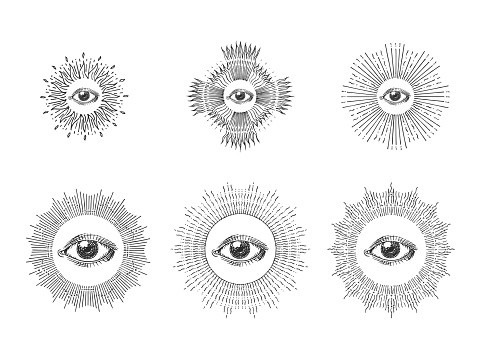 All seeing eye with sunburst, hand drawn images set. Eye of Providence vector illustration. Sacred geometry symbol in engraving style. Vintage pastiche of Omniscience occult emblem and Masonic sign.
