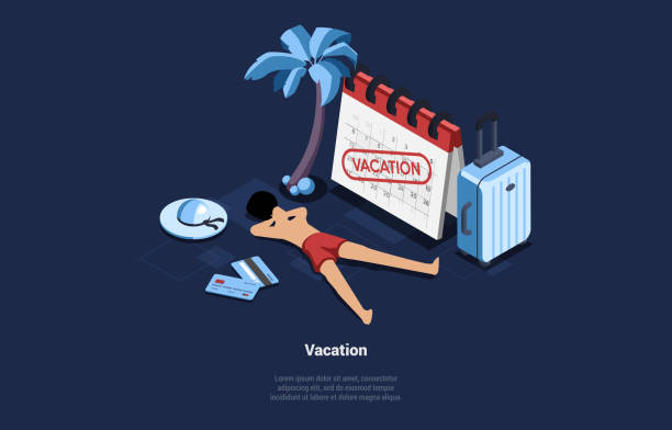 Isometric Vector Illustration In Cartoon 3D Style On Dark Background. Vacation Concept Art Of Beach With Big Calendar, Tourism Suitcase And Male Character In Swimwear Lying Under Palm Tree Resting Isometric Vector Illustration In Cartoon 3D Style On Dark Background. Vacation Concept Art Of Beach With Big Calendar, Tourism Suitcase And Male Character In Swimwear Lying Under Palm Tree Resting. holiday calendars stock illustrations