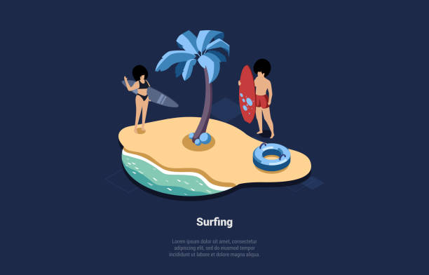 istock Active Summer Sport Concept Illustration In Cartoon 3D Style. Isometric Vector Composition Of Two People With Surfing Boards At Beach. Male And Female Characters In Swimwear, Sand And Ocean Background 1294403300