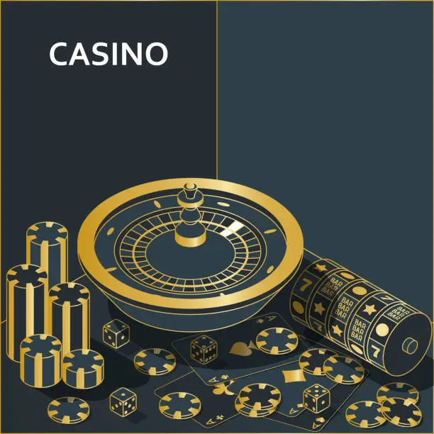 Vector illustration of Casino banner. Roulette and slot, chips, dices and cards