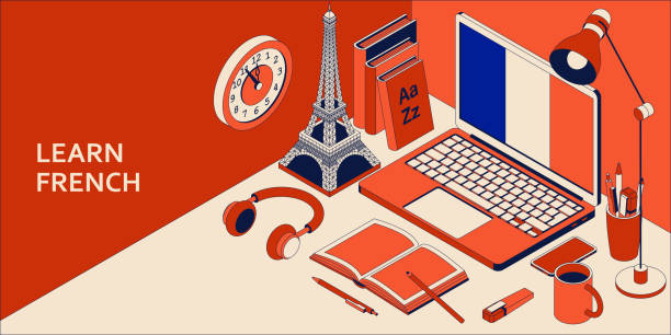 ilustrações, clipart, desenhos animados e ícones de aprenda conceito isométrico francês com laptop aberto, livros, fones de ouvido e café - paris france audio
