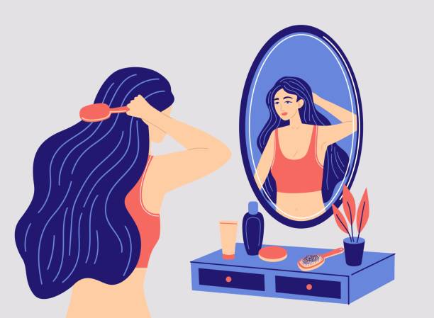 Beautiful woman combing her long hair in front of a mirror Beautiful woman combing her long hair in front of a mirror. Concept of beauty, self-care.  Girl doing makeup and looking at her reflection. Vector style illustration. brushing hair stock illustrations