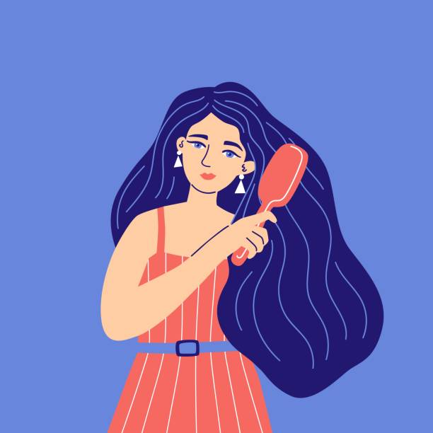 illustrations, cliparts, dessins animés et icônes de la belle femme peignant avec la brosse tire ses longs cheveux - femme qui s'habille
