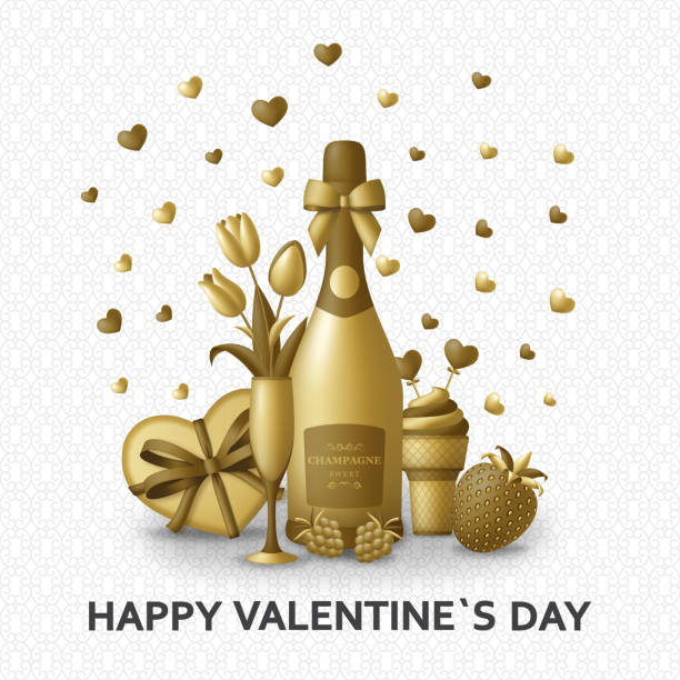 stockillustraties, clipart, cartoons en iconen met gelukkige achtergrond van de dag van de valentijnskaart met champagne, gift, bloemen en bessen - dropped ice cream