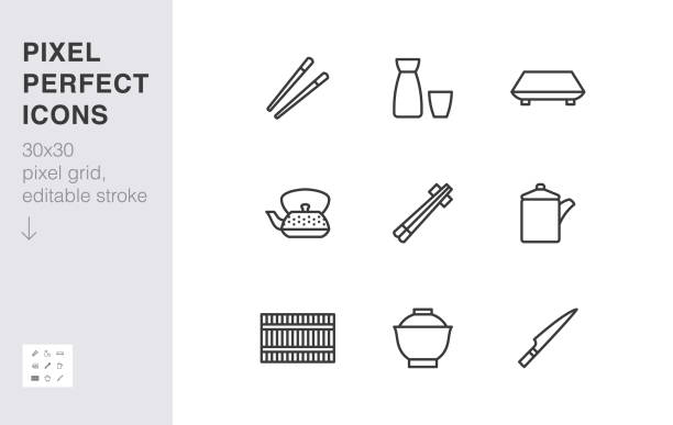 Japanese tableware line icon set. Chopsticks, sushi plate, sake, soup bowl, roll mat, soy sauce minimal vector illustration. Simple outline sign of asian food. 30x30 Pixel Perfect, Editable Stroke Japanese tableware line icon set. Chopsticks, sushi plate, sake, soup bowl, roll mat, soy sauce minimal vector illustration. Simple outline sign of asian food. 30x30 Pixel Perfect, Editable Stroke. tureen stock illustrations