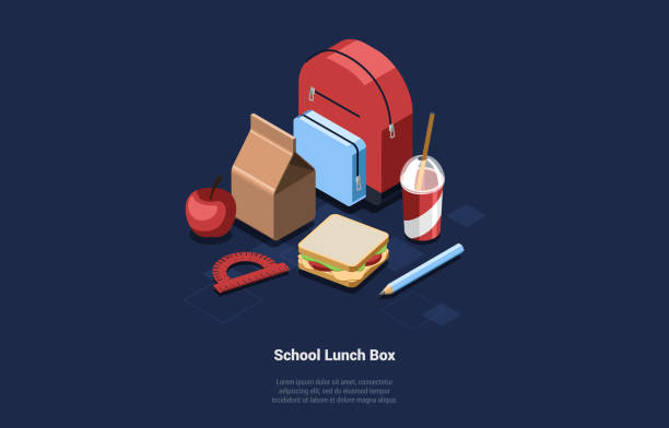 illustrations, cliparts, dessins animés et icônes de illustration de l’ensemble de vecteur isométrique alimentaire de boîte à lunch d’école. composition 3d de dessin animé sur le fond foncé avec des articles et le texte. sac à dos, sac en papier, pomme, règle, sandwich, crayon et boisson en verre - paper bag bag packed lunch paper