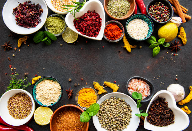 istock Various spices in a bowls on a black 1294405686