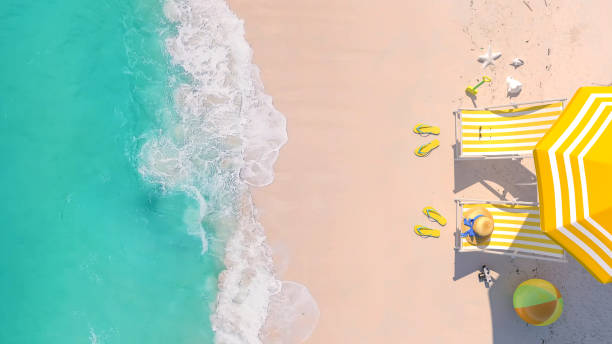 Top view, beach travel summer holiday vacation concept background with copy space, 3d rendering Top view, beach travel summer holiday vacation concept background with copy space, 3d rendering beach umbrella aerial stock pictures, royalty-free photos & images