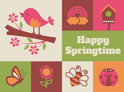 Minimalist and modern greeting card design for Springtime with related icons and symbols.