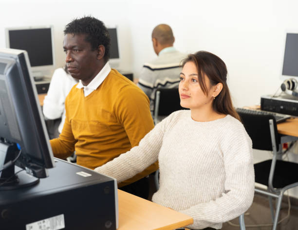 istock Hispanic woman and african american man studying in computer library 1294410161