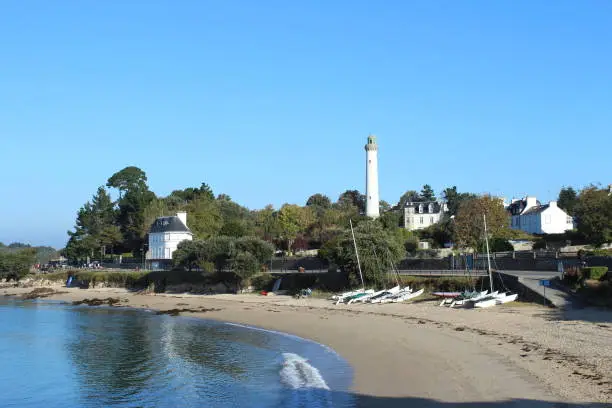 Lighthouse named "Feu de la Pyramide" in the town of Benodet in Brittany/France. Benodet is balnear resort.