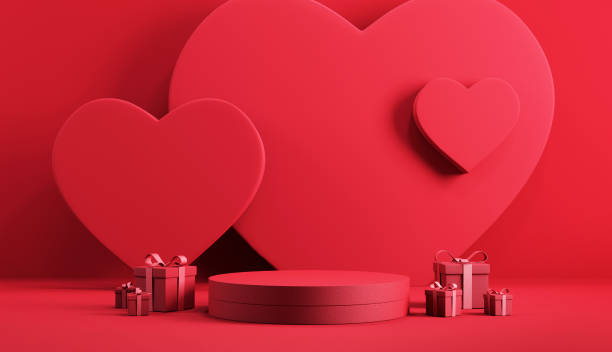 minimale podium produkt hintergrund für valentine, rotes herz und geschenk-box mit band schleife auf rotem hintergrund. - valentinstag stock-fotos und bilder