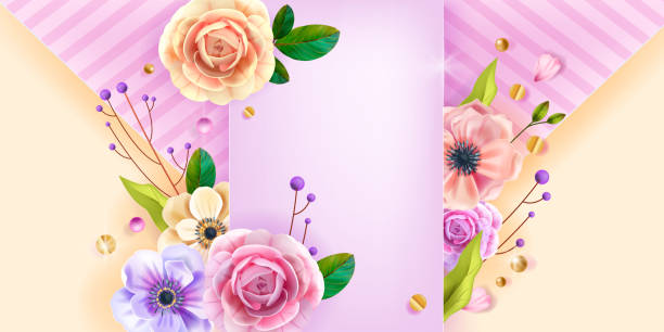 istock Valentines, Mothers Day love vector background, greeting card, floral poster with anemone flower, roses, branches. 1294411584