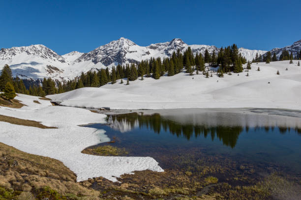 snowcapped mountain panorama and lake lower Praetsch snowcapped mountain panorama and lake lower Praetsch in spring arosa stock pictures, royalty-free photos & images