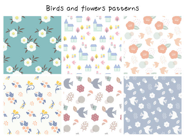 pattern set of flowers and birds pattern set of flowers and birds stipe stock illustrations