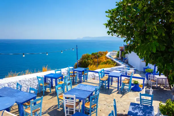 View of town and port at the island Skopelos, northern Sporades, Greece