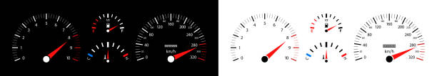 ilustrações de stock, clip art, desenhos animados e ícones de car speedometer. dashboard of auto with gauge of speed, tachometer, odometer. icons isolated on black and white background. panel of meter of fuel, engine rpm and temperature. sport car. vector - speedometer odometer dial speed