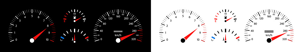 Car speedometer. Dashboard of auto with gauge of speed, tachometer, odometer. Icons isolated on black and white background. Panel of meter of fuel, engine rpm and temperature. Sport car. Vector.