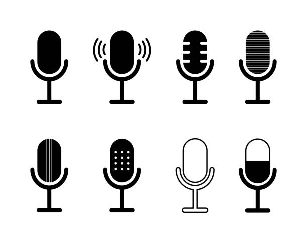 ikona mikrofonu. symbol podcastu. ikona nagrywania mówienia, radia i dźwięku. mikrofon studia. logo głosu, wywiadu i dźwięku. prosta sylwetka bezprzewodowego mikrofonu do karaoke, wokalu, mediów. wektor - silhouette singer singing group of objects stock illustrations