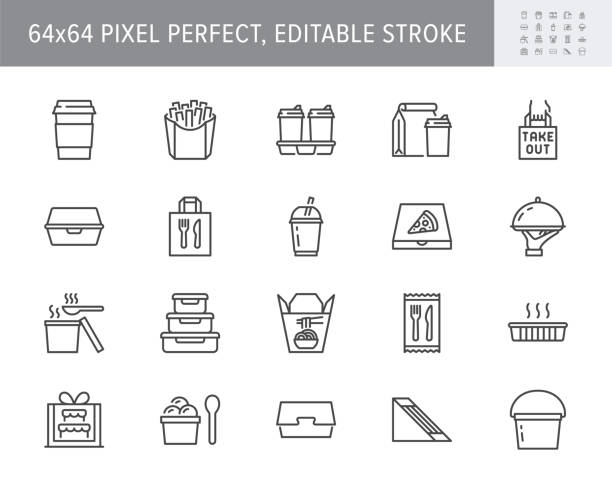 フードサービスラインのアイコンを取り除きます。アイコン付きのベクトルイラスト - ボックス、ピザ、テイクアウトパッケージ、サンドイッチとスープ容器のテイクアウト食事のためのア� - disposable cup cup paper plastic点のイラスト素材／クリップアート素材／マンガ素材／アイコン素材