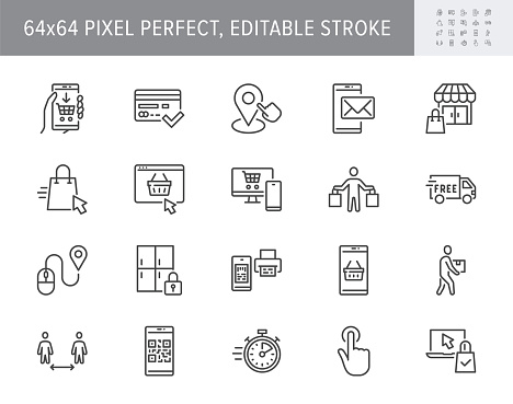 Click and collect service line icons. Vector illustration with icon - online shopping, qr code, basket, delivery, package, store outline pictogram for e-commerce. 64x64 Pixel Perfect Editable Stroke.