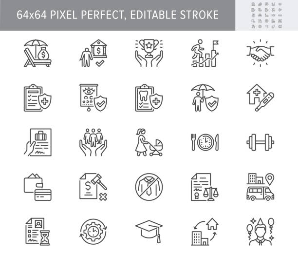 Employee benefits line icons. Vector illustration with icon - hr, perks, organization, maternity rest, sick leave outline pictogram for personal management. 64x64 Pixel Perfect Editable Stroke Employee benefits line icons. Vector illustration with icon - hr, perks, organization, maternity rest, sick leave outline pictogram for personal management. 64x64 Pixel Perfect Editable Stroke. benefits stock illustrations
