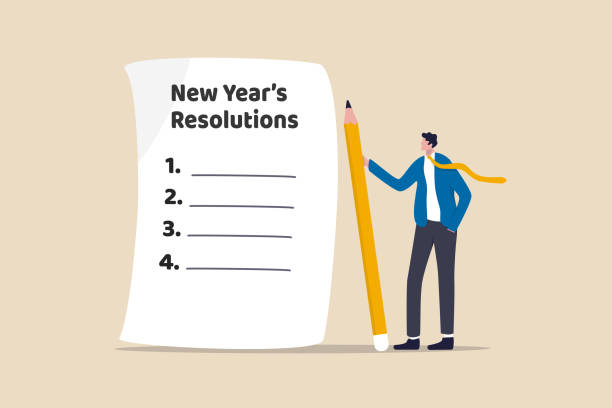 New year's resolutions, set goal or business target for new year or beginning with work challenge concept, smart businessman holding big pencil thinking about new year's resolution on notepad paper. New year's resolutions, set goal or business target for new year or beginning with work challenge concept, smart businessman holding big pencil thinking about new year's resolution on notepad paper. new year resolution stock illustrations