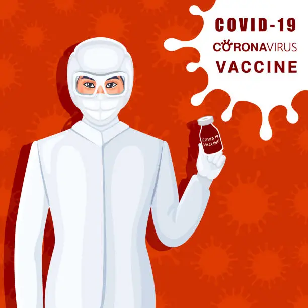 Vector illustration of Doctor with COVID-19 vaccine.