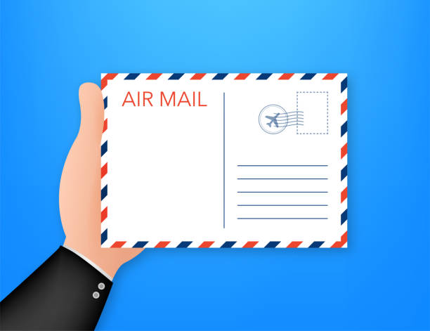 ilustrações de stock, clip art, desenhos animados e ícones de air mail envelope with postal stamp isolated on white background. vector illustration. - air mail mail envelope blank